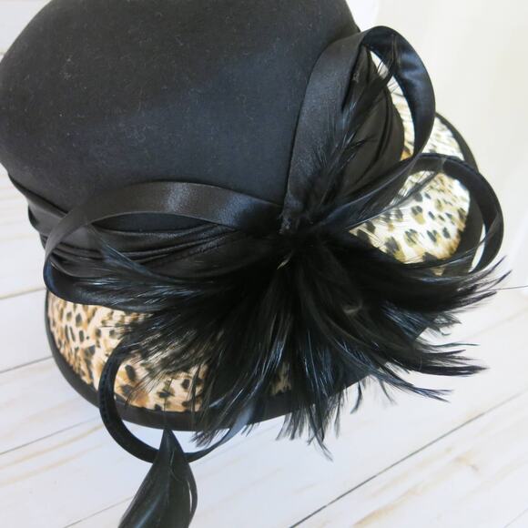 FINE MILLINERY Collection August Wool Hat  Feathers Black/Leopard Print Mob Wife
